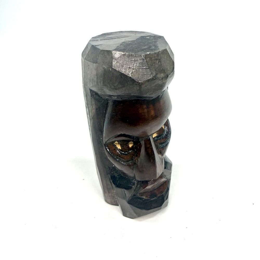 Hand Carved Jamaican Wood Tiki Head Bust Tribal Folk Art Signed Jeifrey 4.25"